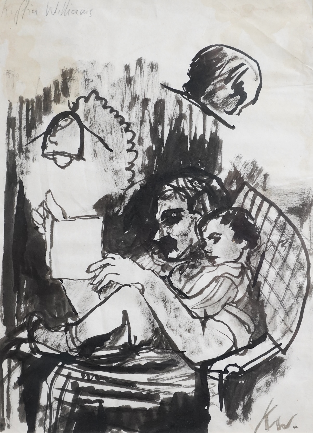 Sir Kyffin Williams OBE, RA, 1918-2016, Interior scene with a father and child reading
